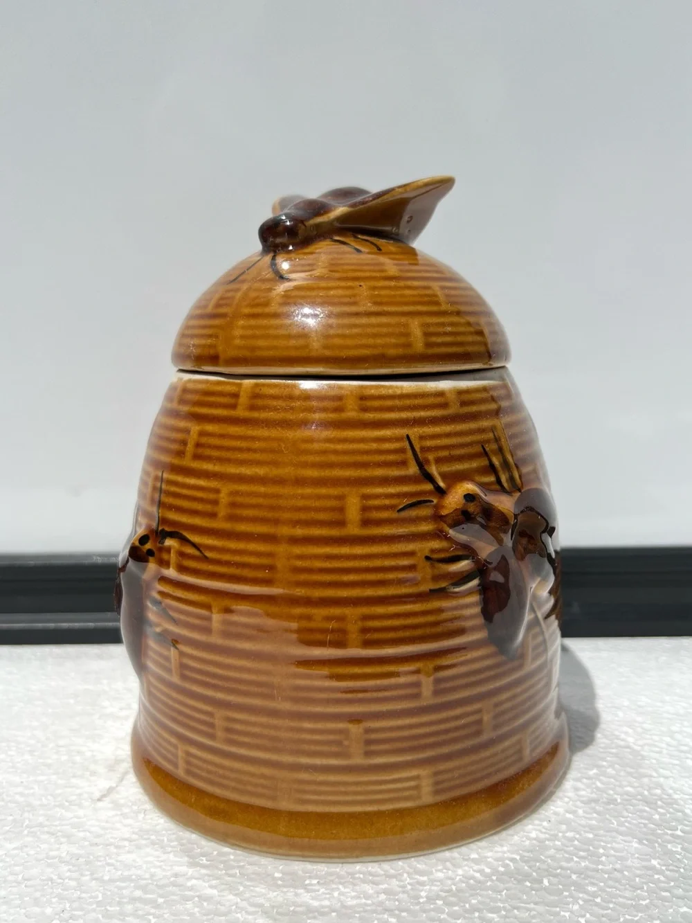 Vintage Bee Hive Honey Pot Jar Large Brown Ceramic with Lid Farmhouse Decor
